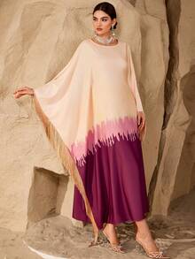 Al Najma Women's Ombre Casual Elegant Asymmetrical Tassel Batwing Sleeve Arabic Style Dress - Coral Pink - View 7