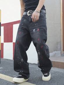 Manfinity EMRG Men's Black Distressed Denim Wide Leg Jeans, Casual Street Style - Black - View 3