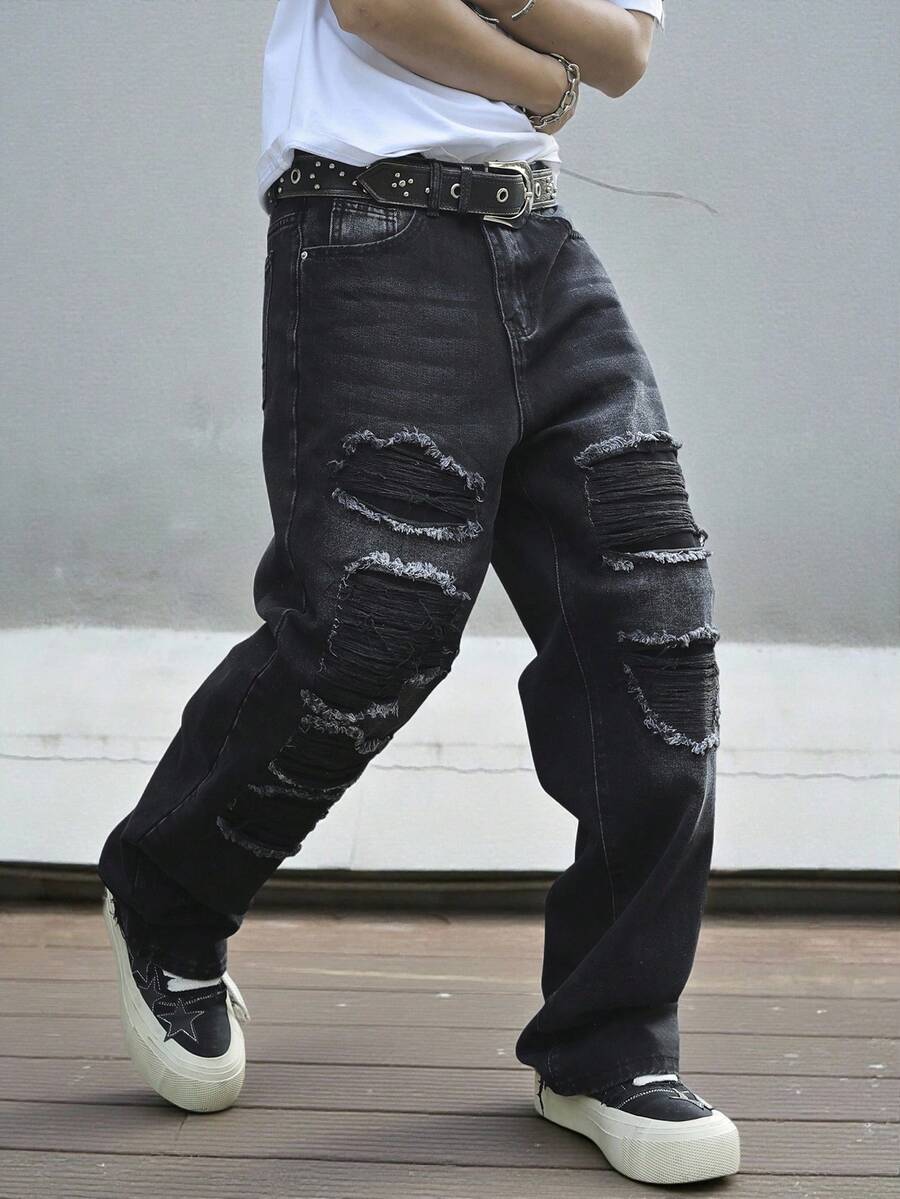 Manfinity EMRG Men's Black Distressed Patch Loose Wide Leg Jeans, Streetwear - Black - View 1