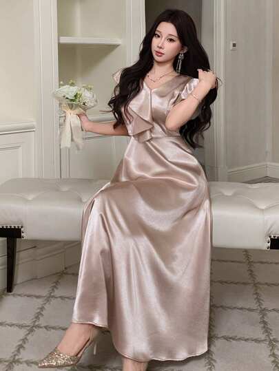 DAZY 女士优雅纯色不对称V领荷叶边下摆中长连衣裙，夏季