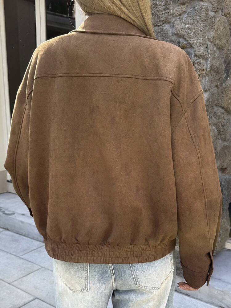 Women's Solid Color Collar Zip-Up Casual Versatile Daily Wear Long Sleeve Jacket