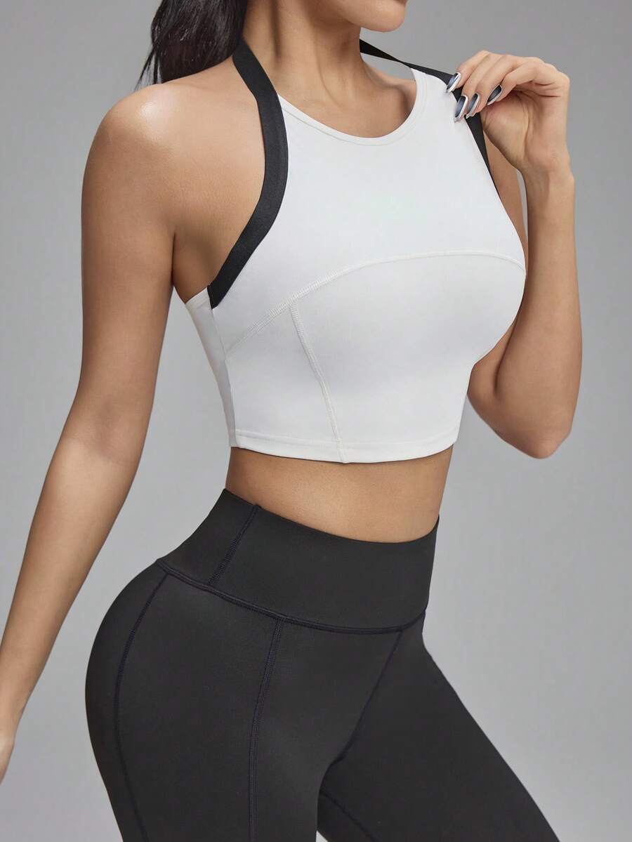 Innovista Innovista Women's Contrast Color Trim Backless Halter Top And Leggings Sports Suit,White Black Summer Athleisure Gym Outfit,Petite Workout Set Fitness Set