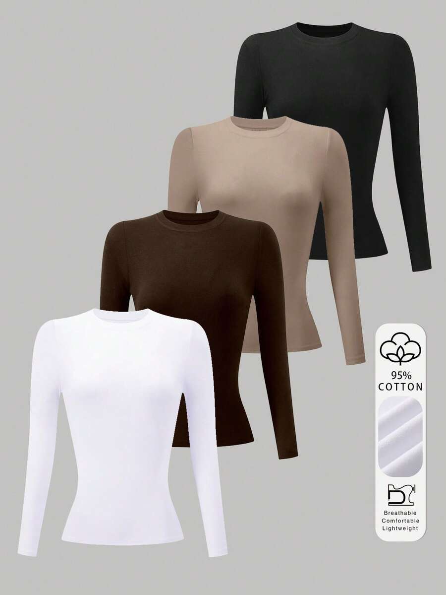 4件装女士纯棉长袖修身圆领T恤 - 彩色 - 查看 1