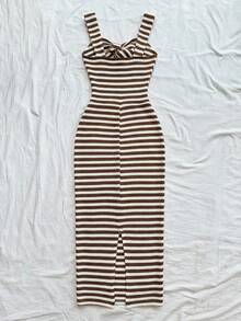 Soleia Women's Striped Twist Design Slit Hem Cami Midi Dress ,Summer Dress - Coffee Brown - View 2