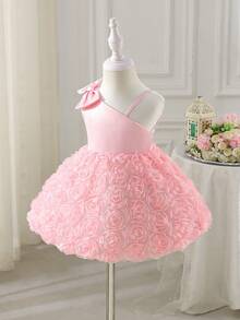 SHEIN Glamorique Kids 女婴花童伴娘礼服，婚礼，花童，优雅，3D玫瑰，生日派对，适合正式场合，生日拍照服装 - 粉色 - 查看 7