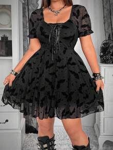Whyspr Dark Flocked Floral Print Cute A-Line Dress With Puff Sleeves & Sheer Mesh Overlay - Black - View 3