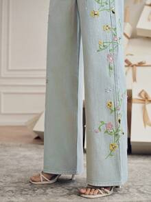 Anewsta 彩色刺绣休闲裤，带腰带环，直筒裤型，花卉图案 - 綠色 - 查看 3