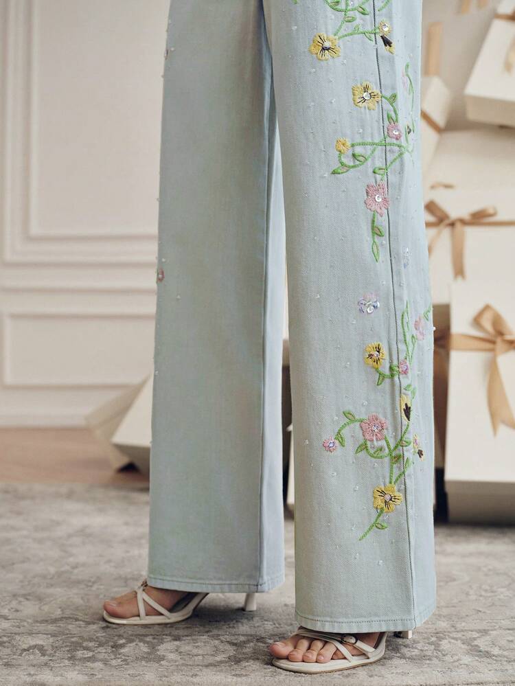 Anewsta 彩色刺绣休闲裤，带腰带环，直筒裤型，花卉图案 - 綠色 - 查看 3