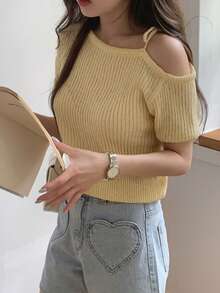 DAZY Niche Design Asymmetrical Shoulder Tie-Strap Short Sleeve Knit Top - Yellow - View 4