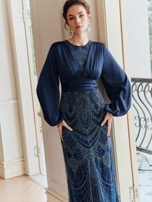 Anewsta Women's Fashion New Valentine's Day Wedding Bridesmaid Hot-Selling Heavily Beaded Long Sleeve Elegant Party Dress Royal Blue Elegant Dress Women Luxury Dress For Women Blue Silk Dress French Style Dress Long Sleeve Elegant Dress - Blue - View 3