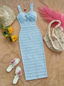 Soleia Vestido midi de tirantes con diseño de nudo retorcido y volantes, unicolor para vacaciones de mujer - Azul - Ver 4