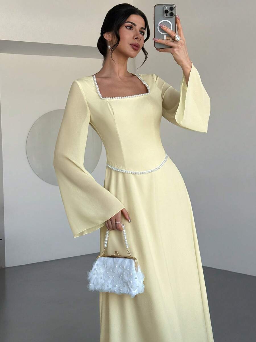 Firerie 女士优雅时尚收腰方领串珠喇叭袖A字长裙 - 淡黃色 - 查看 1