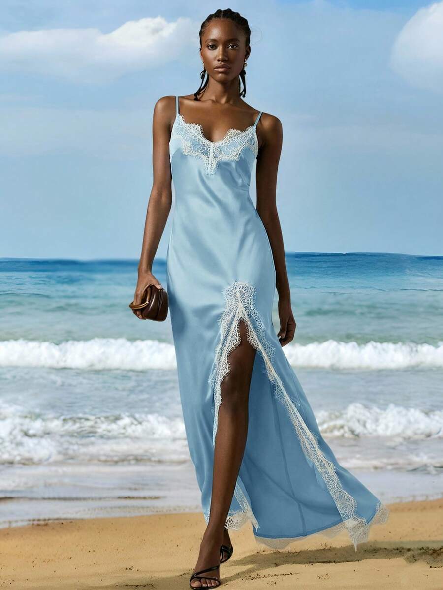 Briarwyn Women's Open Shoulder Spaghetti Strap Blue Lace Patchwork High Slit Hem Dress, Summer Dresses For Women, Summer Outfits, Summer Outfits For Women, Spring Dress Women, Valentine Outfits For Women, Elegant Party Dresses For Women, Beach Outfit, Wedding Guest Dress For Women , Wedding Party Dress - Baby Blue - View 1