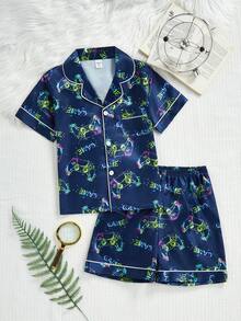 男童睡衣套装 - 两件套睡衣，短袖纽扣领上衣搭配同色短裤，藏蓝色霓虹游戏手柄印花，夏季家居服，休闲服，假日必备，2026 轻盈舒适 - 彩色 - 查看 5