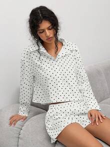 Sweetina Women's Fashion Casual Polka Dot Print Top & Shorts 2 Pieces Set Oversized Blouse Polka Dot Shirt Oversize Shirt For Women Poka Dot Top,Women's Summer Set ,Casual Outfit For Women - White - View 5