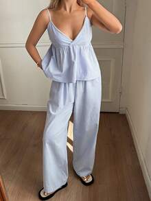 DAZY Women's Striped Camisole Top And Loose Pants Pajama Set, Suitable For Summer Beach Vacation - Blue - View 10