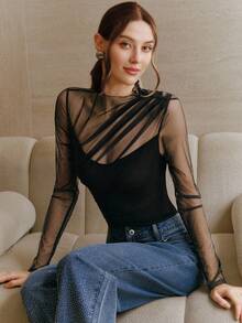 Anewsta New Elegant Fashion Holiday New Year Party Date Fitted Elastic Ruched Mesh Bodysuit For Women, Versatile & Sexy, Spring/Summer - Black - View 5