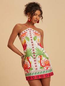 Travachic Vestido corto de verano con tirantes de espagueti y estampado de gasa para mujeres - Multicolor - Ver 1
