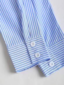 Sweetra Áo sơ mi dài tay kẻ sọc xanh dương đơn giản, thời trang, đa năng dành cho nữ. - Màu xanh lam - Xem 4
