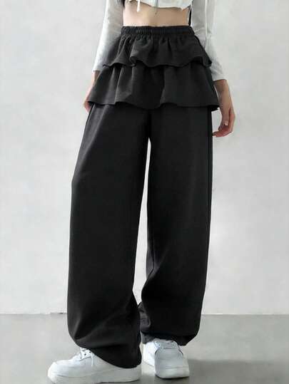 FRIFUL Women's Elastic Waist Layered Ruffle Hem 2 In 1 Sweatpants
