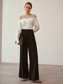 MOTF PREMIUM 露肩撞色网纱上衣，独特设计，水钻装饰，修身女式上衣 - 白色 - 查看 5