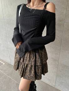 FRIFUL Women's Solid Black Drawstring Tie Bow Ribbed Fabric Slim Fit Versatile T-Shirt - Black - View 7