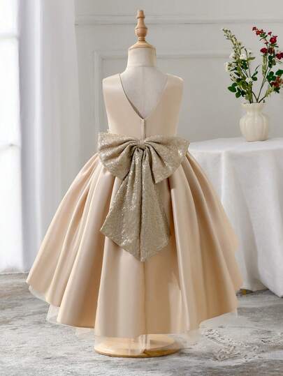 Glamorique Kids Girls' Burgundy Satin & Tulle Dress With Trailing Skirt, Beaded Waistband, Bow Decor, Suitable For Christmas, Halloween, Stage Performance, Party, Birthday, Princess Dress