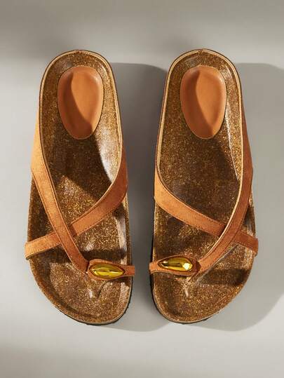 Solecia Zapatos de mujer para primavera y verano, sandalias casuales con tiras cruzadas, hebilla decorativa dorada y suela gruesa, cómodas chanclas para usar en la playa y de vacaciones