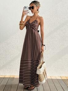 Pariaura 女士优雅性感休闲宽松度假露背系带复古吊带连衣裙，V领收腰度假风优雅连衣裙 - 咖啡棕 - 查看 7
