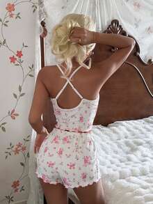 SHEIN Knitted Jacquard Bow Tie Criss-Cross Design Romantic Fitted Women Pajama Set - White - View 2