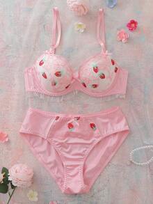 Strawberry 3D Embroidery Bow Soft & Smooth Lingerie Set, Girly Style - Pink - View 1