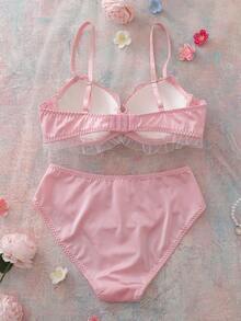 Strawberry 3D Embroidery Bow Soft & Smooth Lingerie Set, Girly Style - Pink - View 2