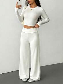 SHEIN PETITE Women's Solid Color Fold-Over Waist Wide-Leg Loose Casual Pants Sweatpants, All-Match Home Wear For Autumn And Winter - White - View 5