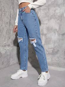 SHEIN ICON Jeans de mezclilla con bolsillos en diagonal y rotos para mujer - Azul lavado medio - Ver 3