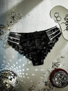 1pc Women's Lace Romantic Minimalist Thong Panty, Lingerie For Women,Sexy,Valentine's Day,Wedding - Black - View 7