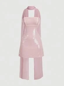 SHEIN MOD 女士纯色亮片拼接修身无袖迷你连衣裙 - 淺粉色 - 查看 3