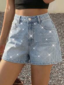 SHEIN 少女时尚休闲 Y2K 复古酷炫街头舒适无弹力闪亮水钻蓝色牛仔短裤日常春夏狂欢节和街头服饰 - 藍色 - 查看 3