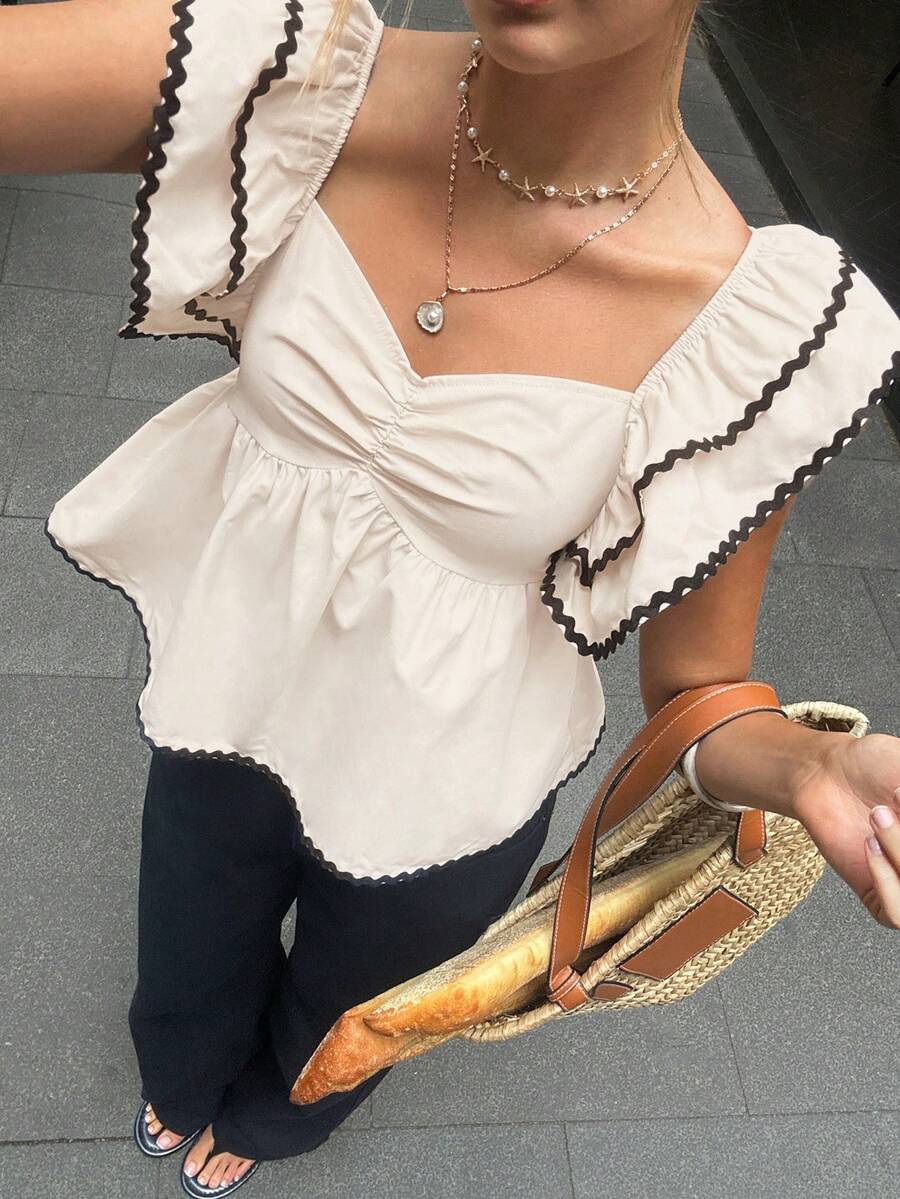 Serisse 女士纯色甜心领荷叶袖时尚衬衫 - 杏色 - 查看 1