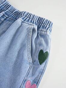 GlowEve 女士心形刺绣松紧腰斜插口袋休闲阔腿牛仔裤 - 藍色 - 查看 3