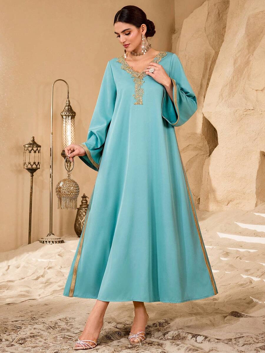 Al Najma Women's Elegant Minimalist Luxurious Floral Collar Gold Ribbon Splice Deep V-Neck Loose Arabian Dress - Teal Blue - View 1