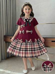 1pc Young Girl's Pleated Dress,Burgundy Summer Princess Plaid Patchwork Outfit With 3D Bow,7th Birthday Back-To-School Short Sleeve Casual Clothes - Burgundy - View 10