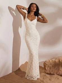 Opulessa 女士度假纯色针织蕾丝修身连衣裙 - 白色 - 查看 2