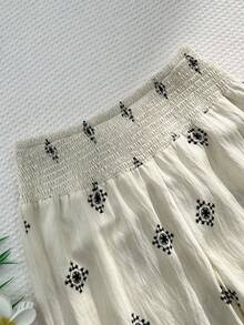 Sunnyshic 杏色水洗竹编结花印花低腰抽绳直筒阔腿裤，女士春夏款，适合度假、海滩、波西米亚风、优雅通勤、浪漫、休闲日常穿着 - 杏色 - 查看 6