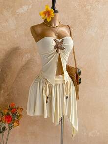 Soleia 女士棕色音乐节派对性感牛仔风格海滩休闲抽绳腰部不对称荷叶边下摆迷你裙和上衣 Y2K 服装 - 芥末黃 - 查看 6