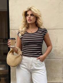 Dripcurv Plus Size Women's Brown Striped Summer Crew Neck Casual T-Shirt,Summer,Vacation, Short Sleeve Women Top - Coffee Brown - View 3
