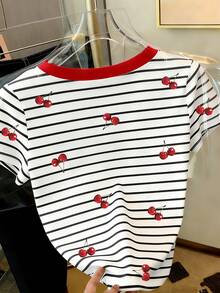 Resyla 女士条纹樱桃印花休闲圆领短袖T恤 - 彩色 - 查看 2