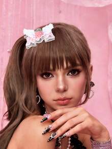 ROMWE Anime 1 pieza Horquilla de pelo con lazo de encaje con alas de fresa linda, clip de pato hecho a mano estilo Lolita, accesorios de pelo rosados de uso diario - Multicolor - Ver 2