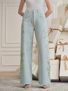 Anewsta 彩色刺绣休闲裤，带腰带环，直筒裤型，花卉图案 - 綠色 - 查看 5