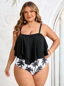 SHEIN CURVE+ Bộ đồ bơi hai mảnh in hình cây dừa dành cho nữ cỡ lớn, kiểu dáng thoải mái, thích hợp cho mùa hè. - màu đen - Xem 3