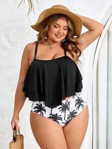 SHEIN CURVE+ Bộ đồ bơi hai mảnh in hình cây dừa dành cho nữ cỡ lớn, kiểu dáng thoải mái, thích hợp cho mùa hè. - màu đen - Xem 5